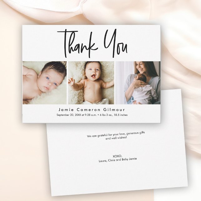 Tarjeta De Agradecimiento Collage de fotos de script simple bebé (Modern 3 photos baby shower thank you cards, handlettering script type.)