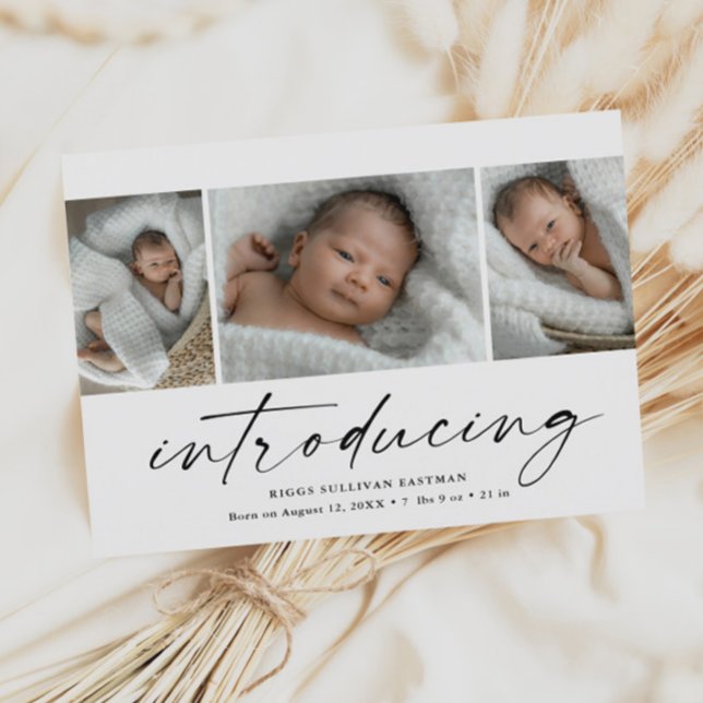 Tarjeta De Agradecimiento Collage de fotos infantil moderno (Modern script introducing 3 photo collage baby birth announcement thank you card.)
