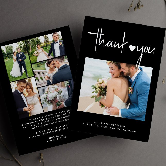Tarjeta De Agradecimiento Collage de fotos moderno de boda negro (Subido por el creador)