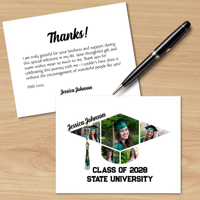 Tarjeta De Agradecimiento Collage de fotos moderno de forma de cierre de gra (Modern Graduation Cap Shaped Photo Collage Thank You Cards)