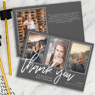 Tarjeta De Agradecimiento Collage de fotos moderno de graduación gris oscuro