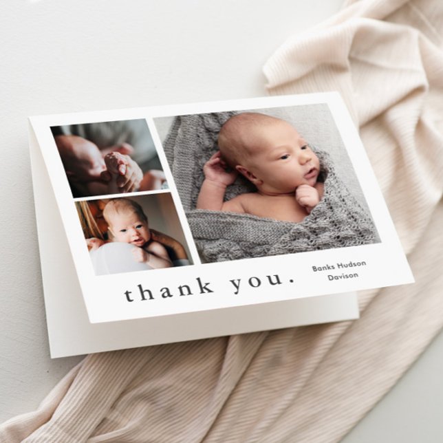 Tarjeta De Agradecimiento Collage de fotos simple tipo bebé (Simple typography 3 photo collage baby thank you card.)