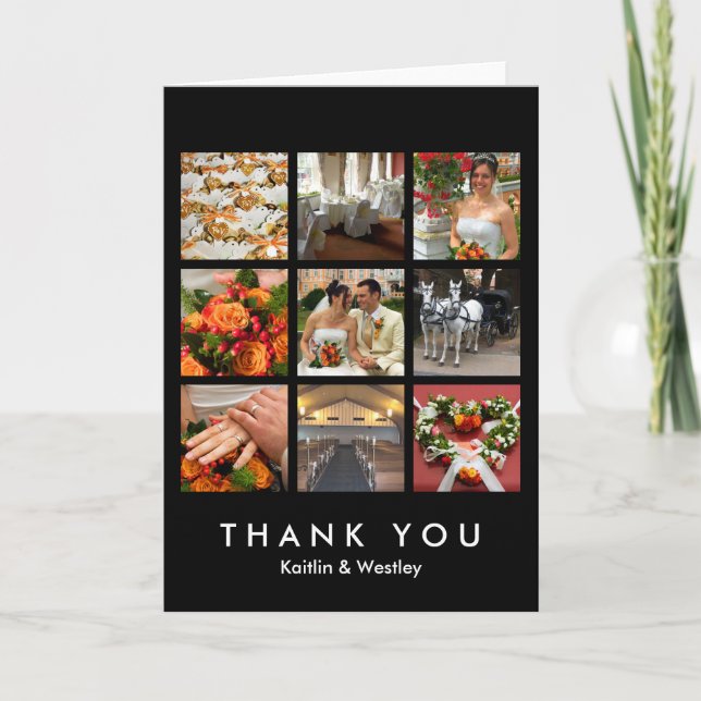 Tarjeta De Agradecimiento Collage de rejilla negra 9 fotos recuerdos gracias (Anverso)