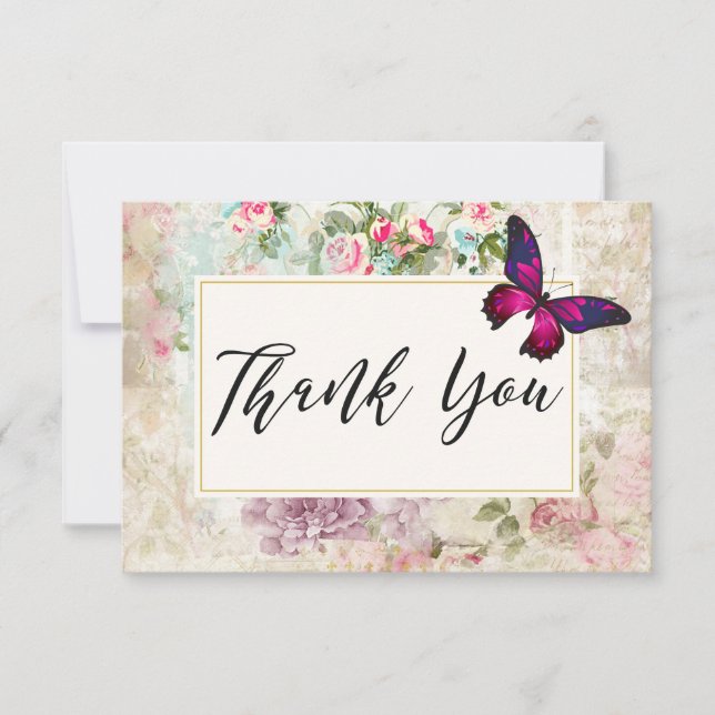 Tarjeta De Agradecimiento Collage de Rosas de mariposa rosada y venado graci (Anverso)