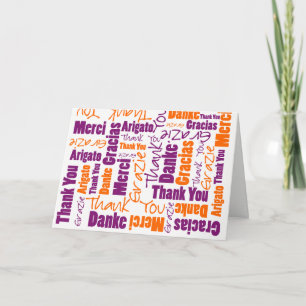 Tarjeta De Agradecimiento Collage tipográfico multilingüe de naranja morado