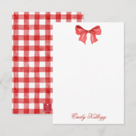 Tarjeta De Agradecimiento Color de agua rojo y blanco Gingham Bow