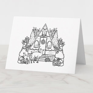 Tarjeta De Agradecimiento Colorea tu propia cabaña de Navidades y ciervo en 