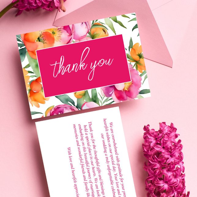 Tarjeta De Agradecimiento Colores negrita naranjas rosados peonatos elegante (Bold colors pink orange peonies elegant details thank you card)