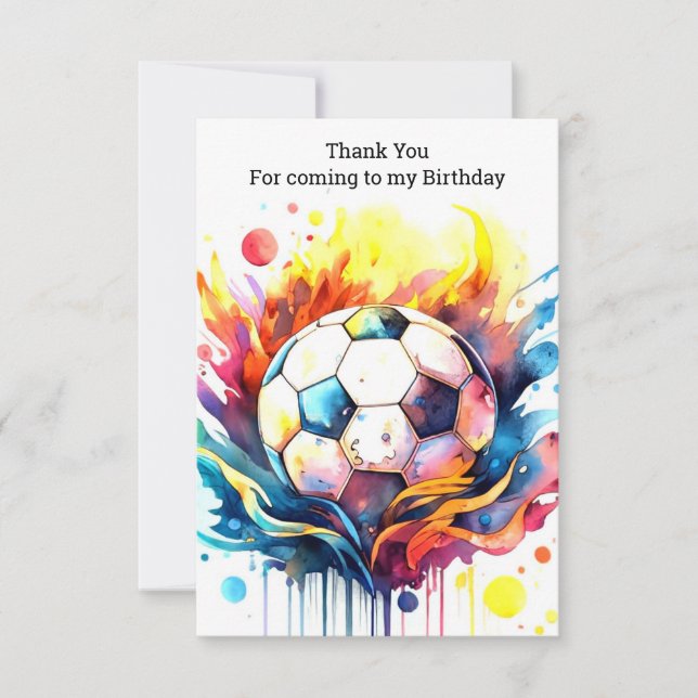 Tarjeta De Agradecimiento Colorido Fútbol Niños Acuarela Cumpleaños (Anverso)