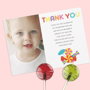 Tarjeta De Agradecimiento Colorido y dulce diversión Candy Tema Cumpleaños
