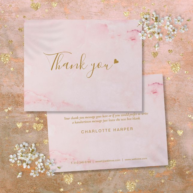 Tarjeta de agradecimiento comercial con letra scri (Girly Pink Marble Script Business Thank You Card)