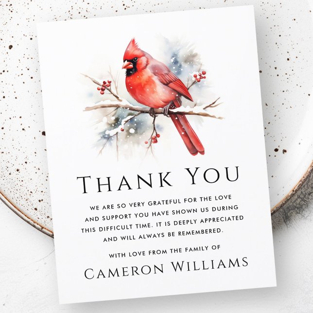 Tarjeta De Agradecimiento Compasión funeraria del cardenal de las acuarelas  (Red watercolor cardinal funeral sympathy thank you card)