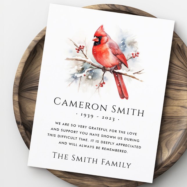 Tarjeta De Agradecimiento Compasión funeraria del cardenal de las acuarelas  (Red watercolor cardinal funeral sympathy thank you card)