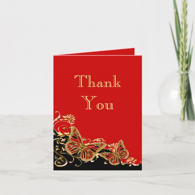 Tarjeta De Agradecimiento Compromiso de boda con oro negro rojo (Anverso)
