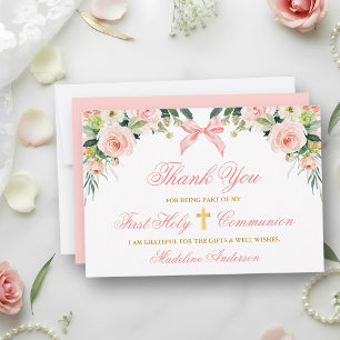 Tarjeta De Agradecimiento Comunión de lazo rosa floral acuarela oro