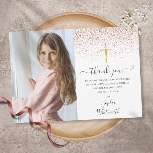 Tarjeta De Agradecimiento Comunión Santa Primera Comunión Foto Glitter Rosa 