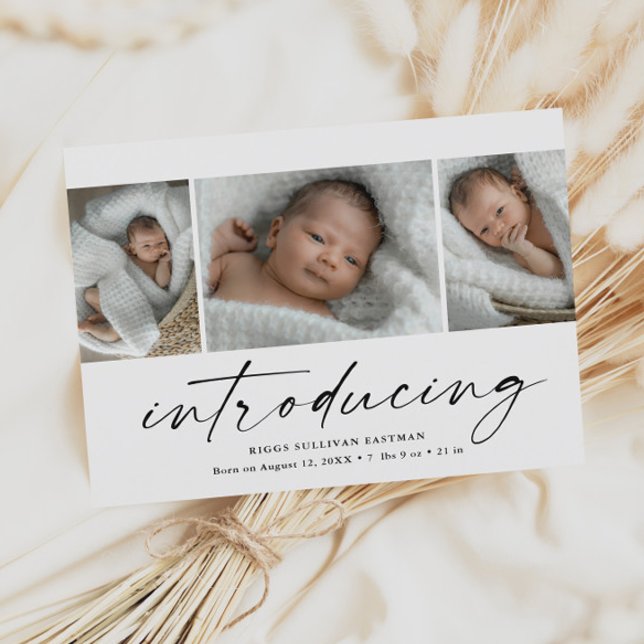 Tarjeta de agradecimiento con 3 fotos que presenta (Modern introducing script 3 photo birth announcement baby thank you cards.)