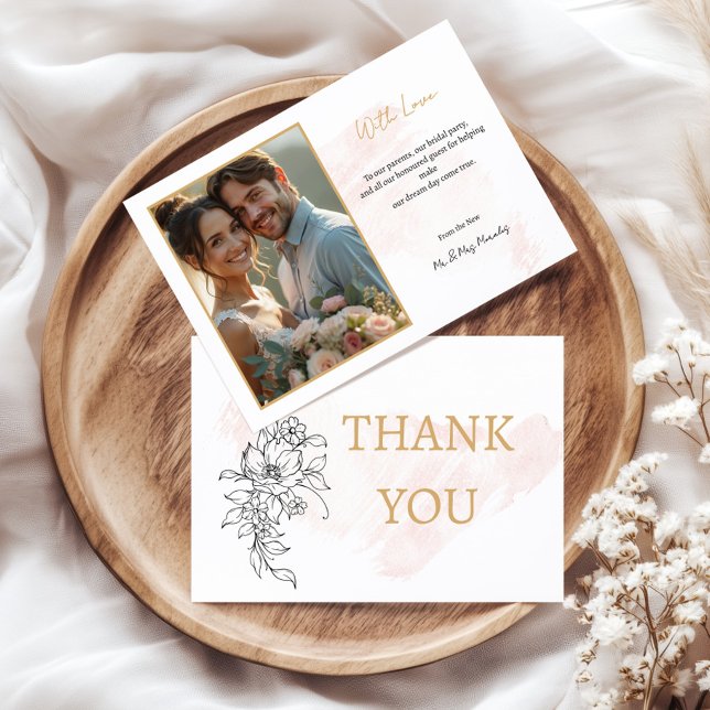 Tarjeta De Agradecimiento Con Amor – Foto con Acuarela Beige con Estilo  (With Love – Blush Watercolor Photo with Elegant Thank You Card)