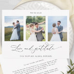 Tarjeta De Agradecimiento Con amor y gratitud Elegante Boda de fotos<br><div class="desc">¡Gracias a sus invitados con esta elegante tarjeta de agradecimiento de tres bodas de collage! Diseño blanco y negro limpio y sencillo, lleno de elegancia y gracia. Frase "con amor y gratitud" en caligrafía escrita a mano moderna. Fácil plantilla en la que puedes añadir tus imágenes, Zazzle hará todo el...</div>