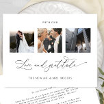 Tarjeta De Agradecimiento Con amor y gratitud Elegante foto de matrimonio<br><div class="desc">¡Gracias a sus invitados con esta elegante tarjeta de agradecimiento de tres bodas de collage! Diseño blanco y negro limpio y sencillo, lleno de elegancia y gracia. Frase "con amor y gratitud" en caligrafía escrita a mano moderna. Fácil plantilla donde puede añadir sus imágenes, Zazzle hará todo el trabajo y...</div>