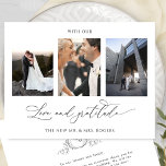 Tarjeta De Agradecimiento Con amor y gratitud, foto Boda en monograma<br><div class="desc">¡Gracias a sus invitados con esta elegante tarjeta de agradecimiento monogramada de tres bodas de collage! Diseño blanco y negro limpio y sencillo, lleno de elegancia y gracia. Frase "con amor y gratitud" en caligrafía escrita a mano moderna. Volver con elegante monograma dibujado a mano con iniciales de parejas y...</div>