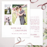 Tarjeta De Agradecimiento Con amor y gratitud, foto de un Boda rosa borgoñon<br><div class="desc">¡Gracias a sus invitados con esta elegante y moderna tarjeta de agradecimiento de boda de collage de tres fotos! Diseño blanco, burdeos y rosa polvoriento, limpio y sencillo, con la frase "con nuestro amor y gratitud" en una mezcla de tipografía moderna de bloques y caligrafía moderna escrita a mano. Vuelve...</div>