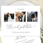 Tarjeta De Agradecimiento Con amor y gratitud Monograma Boda foto<br><div class="desc">¡Gracias a sus invitados con esta elegante tarjeta de agradecimiento monogramada de tres bodas de collage! Diseño blanco y negro limpio y sencillo, lleno de elegancia y gracia. Frase "con amor y gratitud" en caligrafía escrita a mano moderna. Volver con elegante monograma dibujado a mano con iniciales de parejas y...</div>