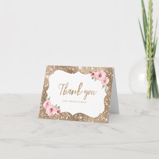 Tarjeta de agradecimiento con brillo y floral rosa (Anverso)