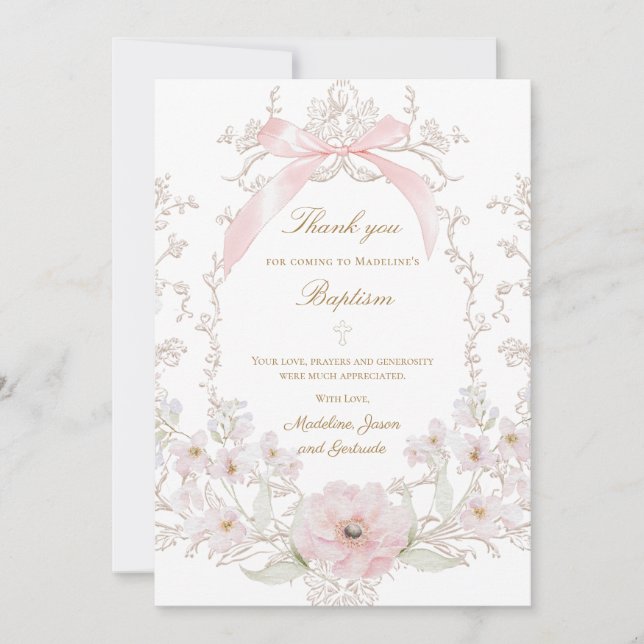 tarjeta de agradecimiento con flores de lazo rosa (Anverso)