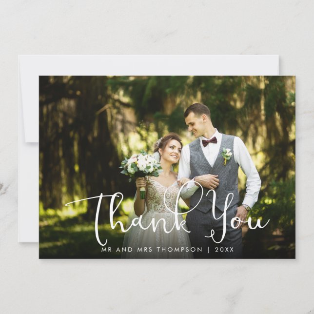 Tarjeta de agradecimiento con foto de boda Script  (Anverso)