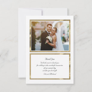 Tarjeta de agradecimiento con foto en blanco y dor
