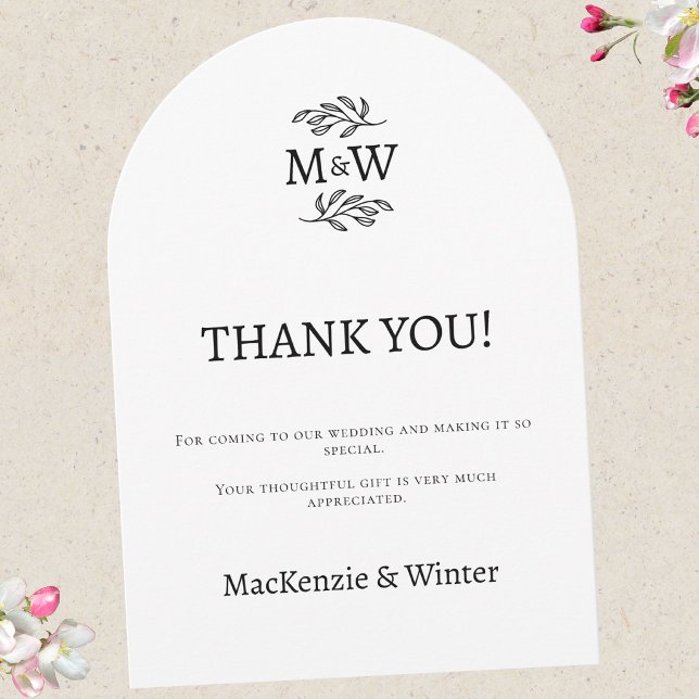 Tarjeta de agradecimiento con iniciales de monogra (Wedding thank you arch card couple monogram initials botanical line art leaf sprig )