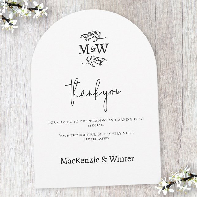Tarjeta de agradecimiento con iniciales de monogra (Wedding couple monogram initials botanical line art minimalist simple thank you card)