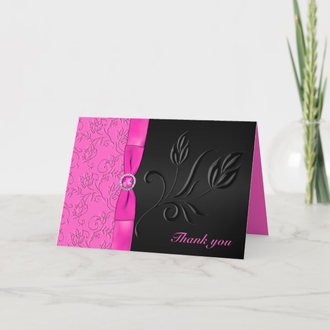 Tarjeta de agradecimiento con joyas negras y rosa  (Anverso)