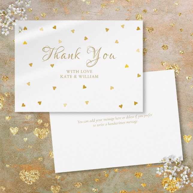 Tarjeta de agradecimiento con letras doradas y con (Gold Hearts Confetti Script Thank You)