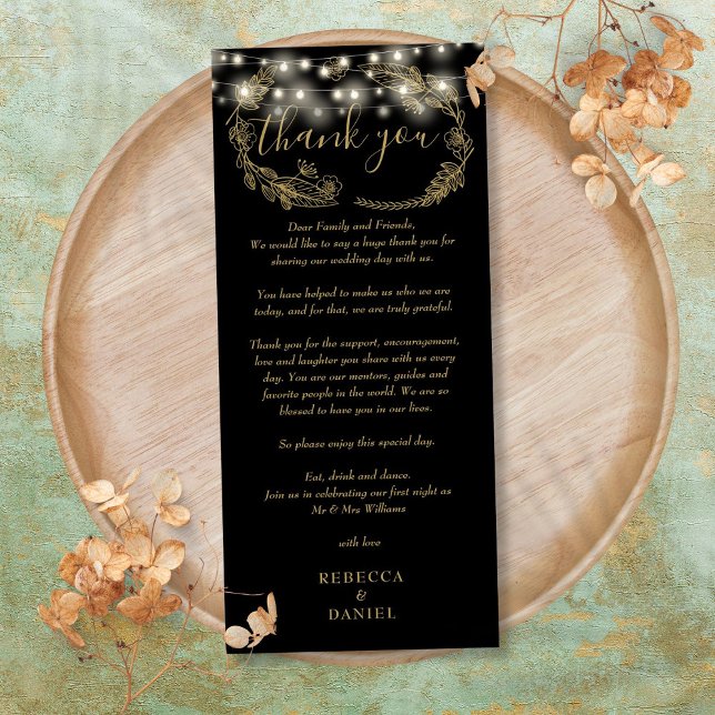 Tarjeta de agradecimiento con luces de cuerda negr (Black And Gold String Lights Thank You Place Card)