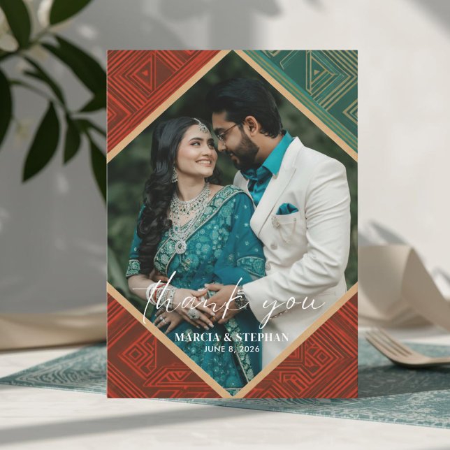 Tarjeta de agradecimiento con marco de diamante ge (Elegant Geometric Wedding Photo Thank You Card)