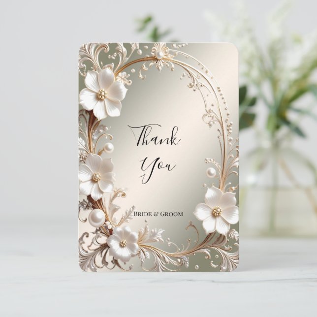 Tarjeta de agradecimiento con marco floral blanco  (Anverso de pie)