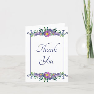 Tarjeta de agradecimiento con marco floral púrpura