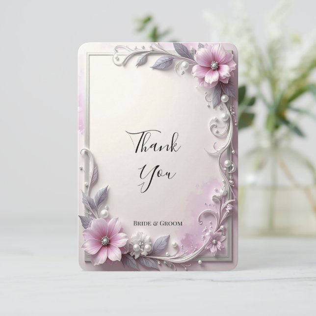 Tarjeta de agradecimiento con marco floral rosa (Anverso de pie)