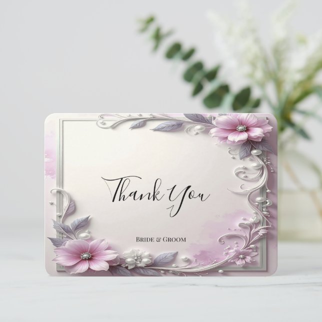Tarjeta de agradecimiento con marco floral rosa (Anverso de pie)