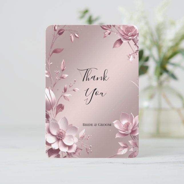 Tarjeta de agradecimiento con marco floral rosa de (Anverso de pie)