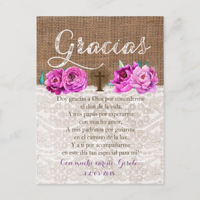 Tarjeta de agradecimiento con oracion Recuerdo de  (Anverso)