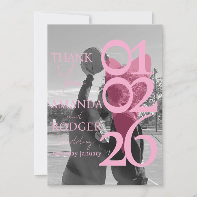 Tarjeta de agradecimiento con tipografía rosa de f (Anverso)