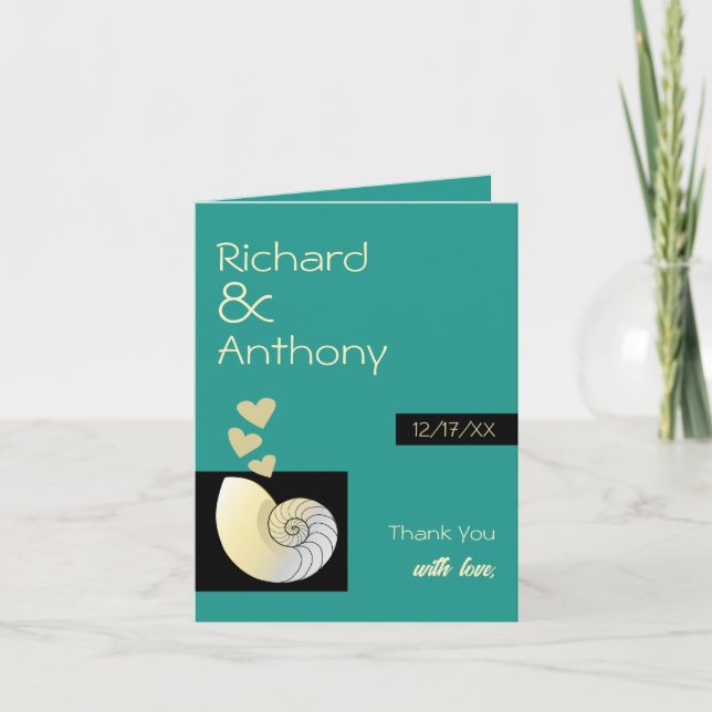 Tarjeta De Agradecimiento Conchas marinas y corazones, bodas en la playa (Anverso)