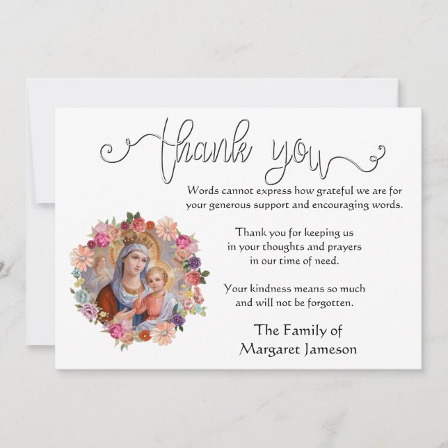 Tarjeta De Agradecimiento Condolencia católica religiosa del Virgen María (Anverso)