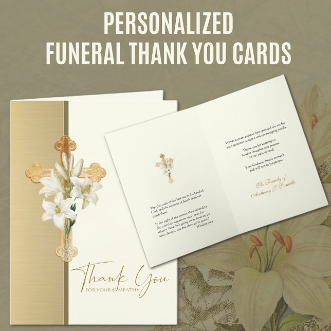 Tarjeta De Agradecimiento Condolencia Cristiana Gracias Cross Lilies (Personalized Funeral Thank You Cards with Gold Cross, Lily and Scripture Verse)