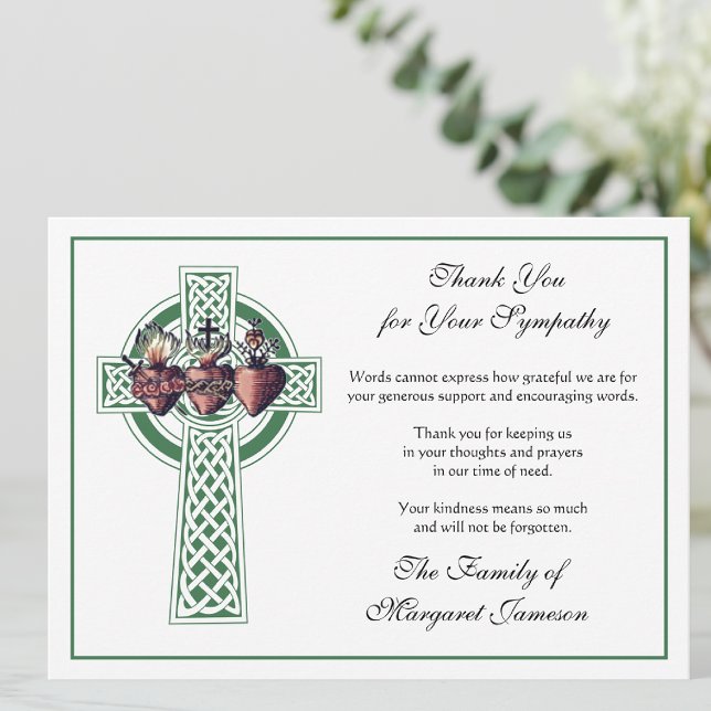 Tarjeta De Agradecimiento Condolencia de la Cruz Celta Irlandesa Religiosa (Irish Celtic Cross with the Three Hearts of Jesus, Mary, and Joseph Funeral Thank You Cards
)
