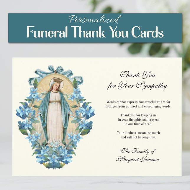 Tarjeta De Agradecimiento Condolencia de la Virgen Funeral Católica María (Catholic Virgin Mary Personalized Funeral Thank you cards)