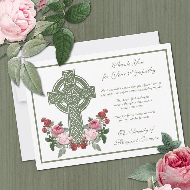 Tarjeta De Agradecimiento Condolencia de Rosas de la Cruz Celta católica rel (Celtic Irish Cross with roses funeral condolence thank you card)